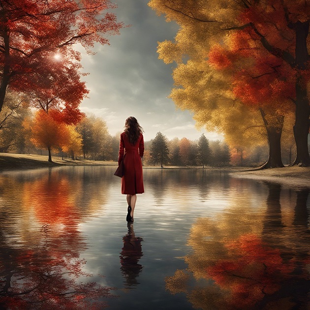 Ilustrație cu o femeie care se plimbă toamna prin pădure