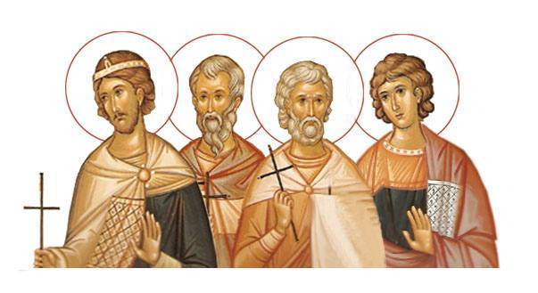 Ilustrație colorată pe fundal alb cu Sfinții Mucenici Claudiu, Castor, Sempronian și Nicostrat