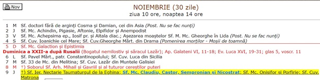 Imagine extrasă din Calendarul Bisericii Ortodoxe cu data comemorării Sfinților  Mucenici Claudiu, Castor, Sempronian și Nicostrat
