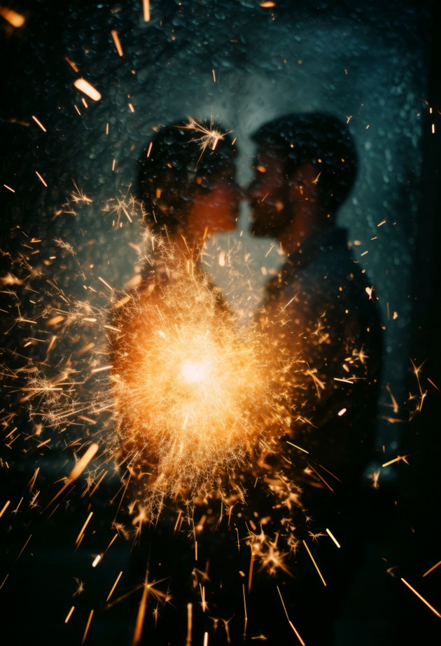 Îndrăgostiți care se sărută în spatele unui foc de artificii