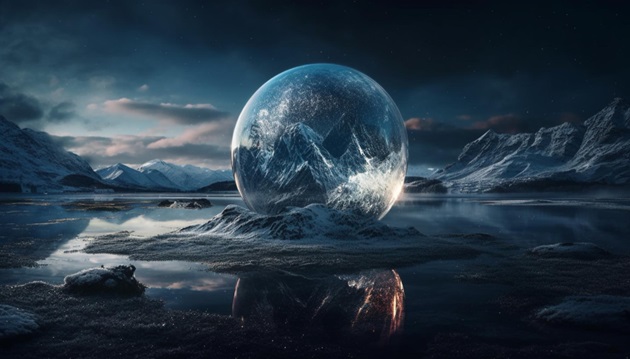 Ilustrație cu munți închiși într-un glob de cristal așezat în mijlocul unui lac înghețat