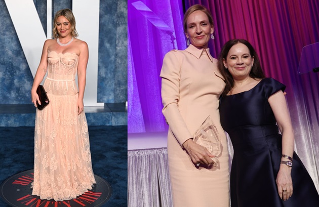 Hilary Duff care a purtat o rochie în nuanța Peach Fuzz, de la Dolce & Gabbana, la petrecerea de după Oscars Vanity Fair din martie 2023 și Uma Thurman într-o rochie Peach Fuzz alături de Julie Burns la Women Making History Awards
