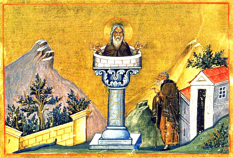 Sfântul Daniil Stâlpnicul urcat pe stâlp, cu ucenicii care îi ascultau predicile