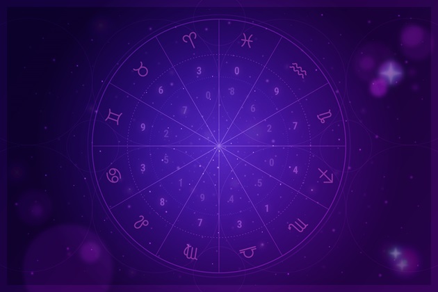 Ilustrație cerc zodiacal pe un fundal mov cu numere și stele