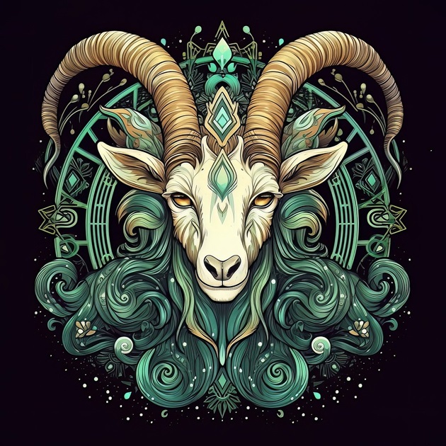 Ilustrație zodia Capricorn în nuanțe de verde și maro, pe un fundal negru