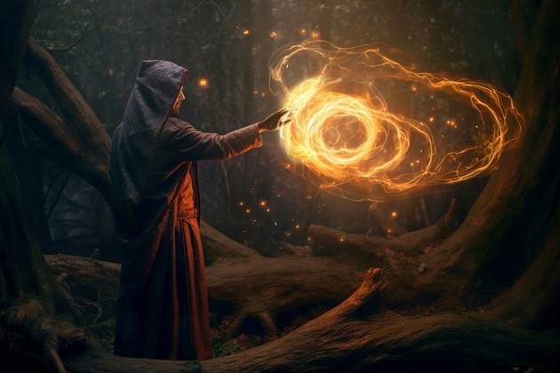 Bărbat cu capul acoperit care deschide un portal magic cu mâna
