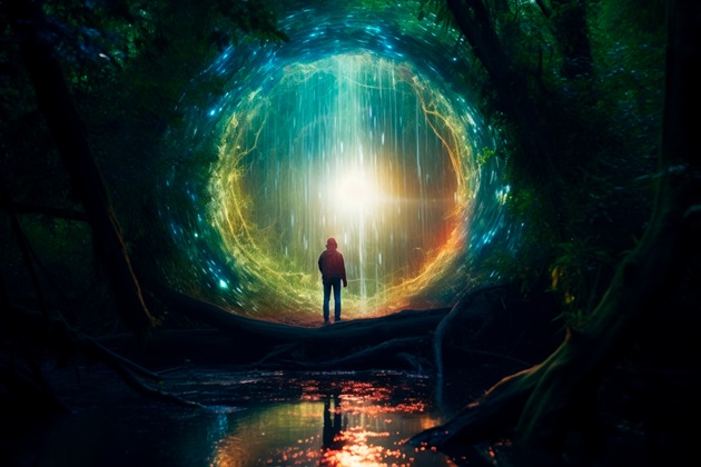 Bărbat care se pregătește să treacă printr-un portal magic, format într-o pădure, lângă un lac