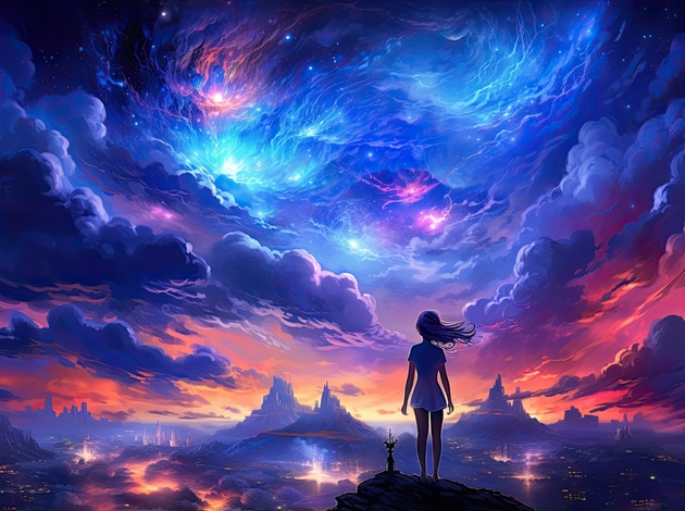 Ilustrație cu o tânără care admiră frumusețea cerului pictat într-un amestec de culori calde și reci