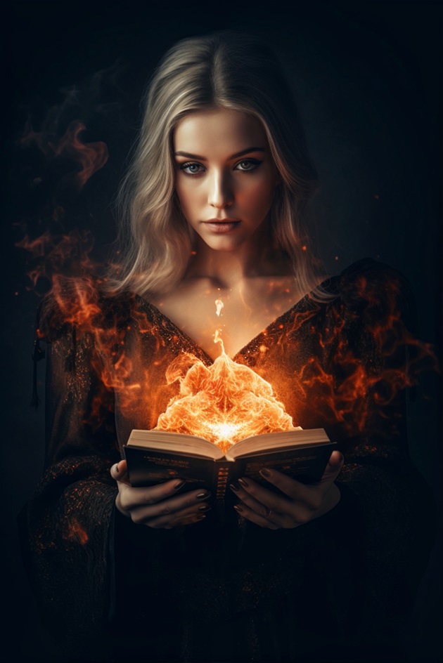 Femeie blondă, îmbrăcată într-o rochie vișinie, care ține în mână o carte deschisă ce arde