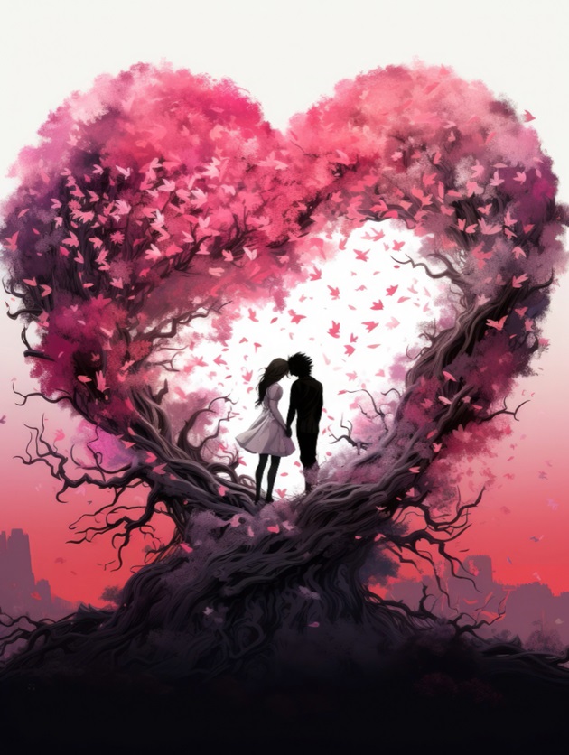 Ilustrație cu îndrăgostiți care stau pe crengile unui copac în formă de inimă, plin cu flori roz
