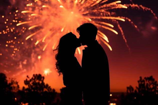 Siluete îndrăgostiți care se sărută sub un foc de artificii