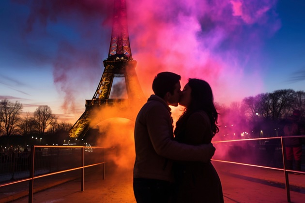 Siluete îndrăgostiți care se sărută aproape de Turnul Eiffel din Paris