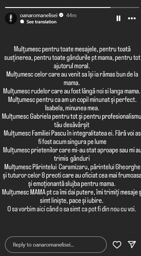 Mesajul publicat de Oana Roman pe InstaStory după ce și-a condus mama pe ultimul drum