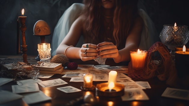 Femeie care ghicește viitorul în cărțile de Tarot, care sunt întinse pe o masă pe care ard multe lumânări