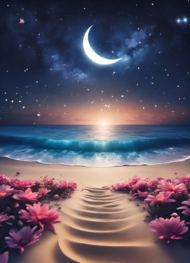 Ilustrație plajă cu flori roz și cer înstelat cu soarele care apune și luna care se ridică strălucitoare