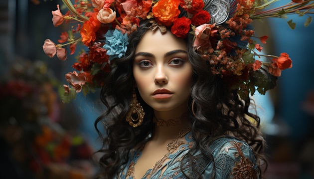 Femeie brunetă cu bucle, care poartă o coroană mare de flori pe cap