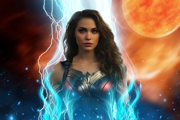 Ilustrație femeie supererou înconjurată de fulgere, îmbrăcată în armură de metal