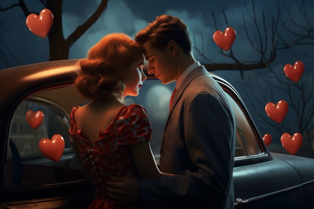 Ilustrație cuplu apropiat într-o pădure, în întuneric, lângă mașină