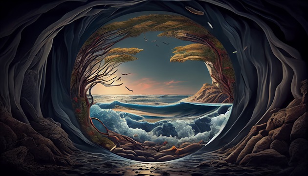 Ilustrație valuri puternice, care se lovesc de marginea unei stângi în formă de portal