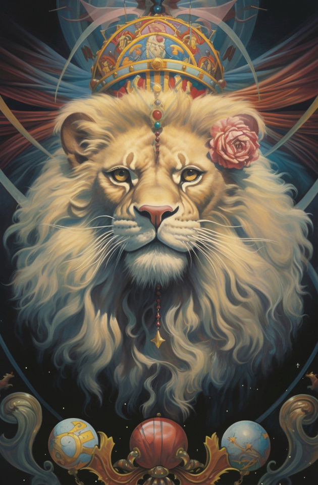 Ilustrație zodia Leu, leoaica regina zodiacului, în timp ce poartă o coroană colorată pe cap și un trandafir roz la ureche