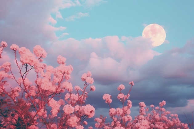 Luna Plină văzută printre crengile copacilor înfloriți, primăvara