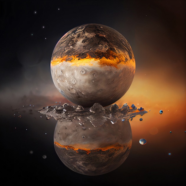Planetă împărțită în trei, a cărei reflexie se vede răsturnată în apă