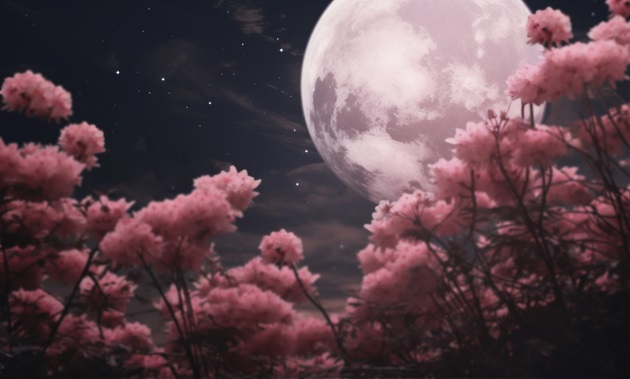 Luna Plină care se vede printre ramurile pline de flori ale copacilor