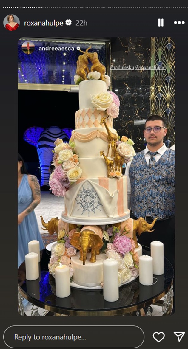 Tortul de nuntă al Roxanei Hulpe, cu tematica circ, decorat cu flori și animale