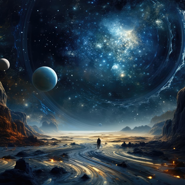 Persoană care se plimbă pe o planetă necunoscută și vede de aproape toate celelalte planete din Univers