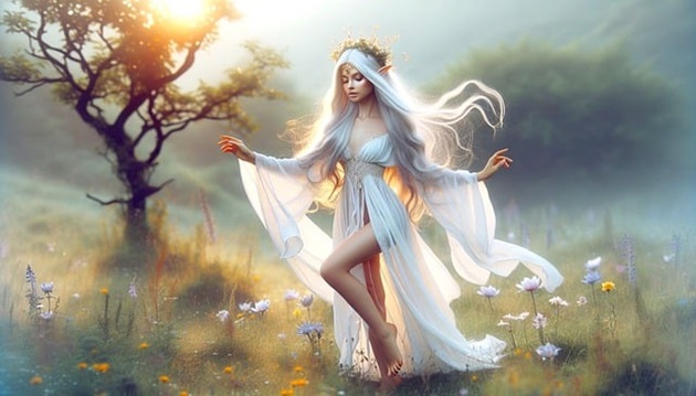 Ilustrație femeie în alb, cu părul lung și blond, care stă în natură, în bătaia directă a soarelui