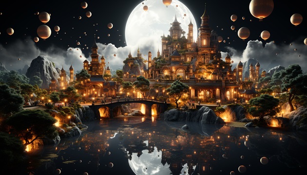 Ilustrație castel lângă lac, luminat de Luna Plină, înconjurat de baloane