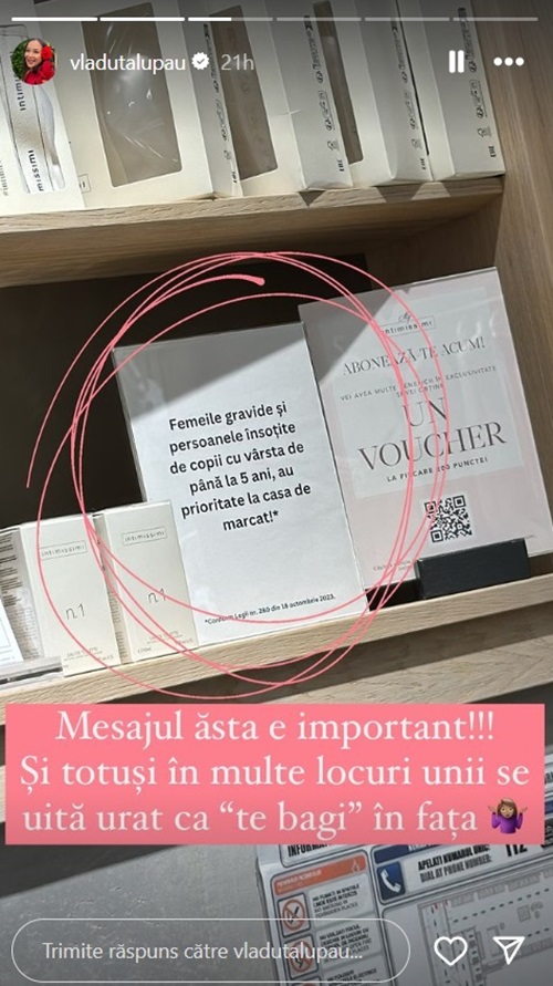 Mesajul publicat pe InstaStory de Vlăduța Lupău, în legătură cu drepturile femeilor însărcinate