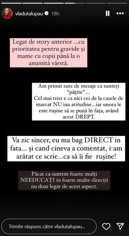 Mesajul prin care Vlăduța Lupău încurajează femeile însărcinate din comunitatea ei să își ceară dreptul de a avea prioritate la casele de marcat din magazine