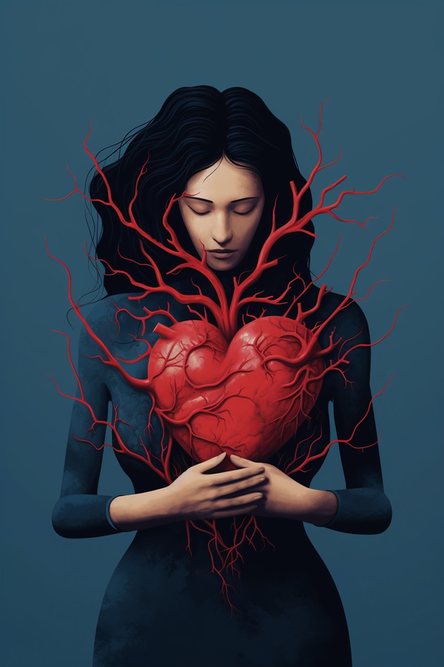 Ilustrație femeie brunetă care ține strâns la piept o inimă mare ce a prins rădăcini
