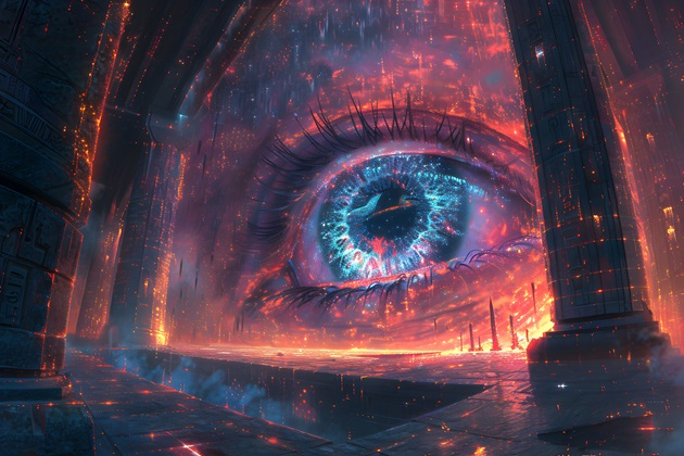 Ilustrație portal magic în formă de ochi, în nuanțe de roșu, portocaliu, albastru, violet și gri