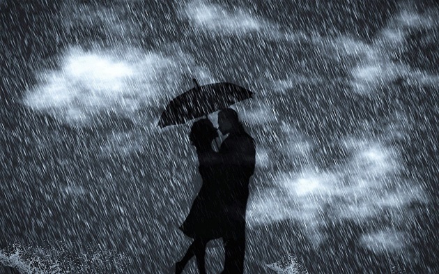 Ilustrație alb-negru cu siluete de îndrăgostiți care se sărută în ploaie, sub o umbrelă