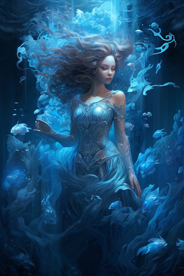 Ilustrație ființă marină feminină care înoată printre pești