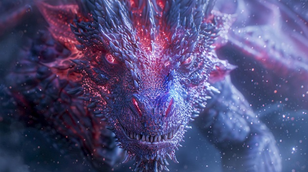 Ilustrație creatură fantastică, dragon colorat, învăluit în particule aurii