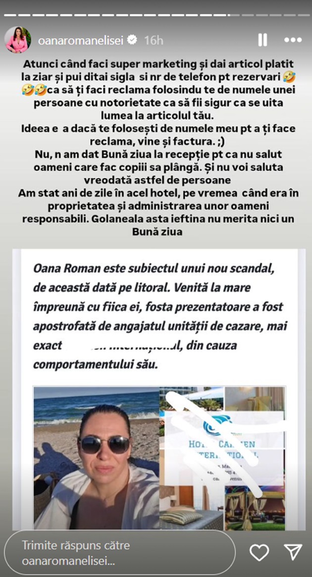 Mesajul prin care Oana Roman a răspuns acuzațiilor ce i-au fost aduse de angajatul hotelului