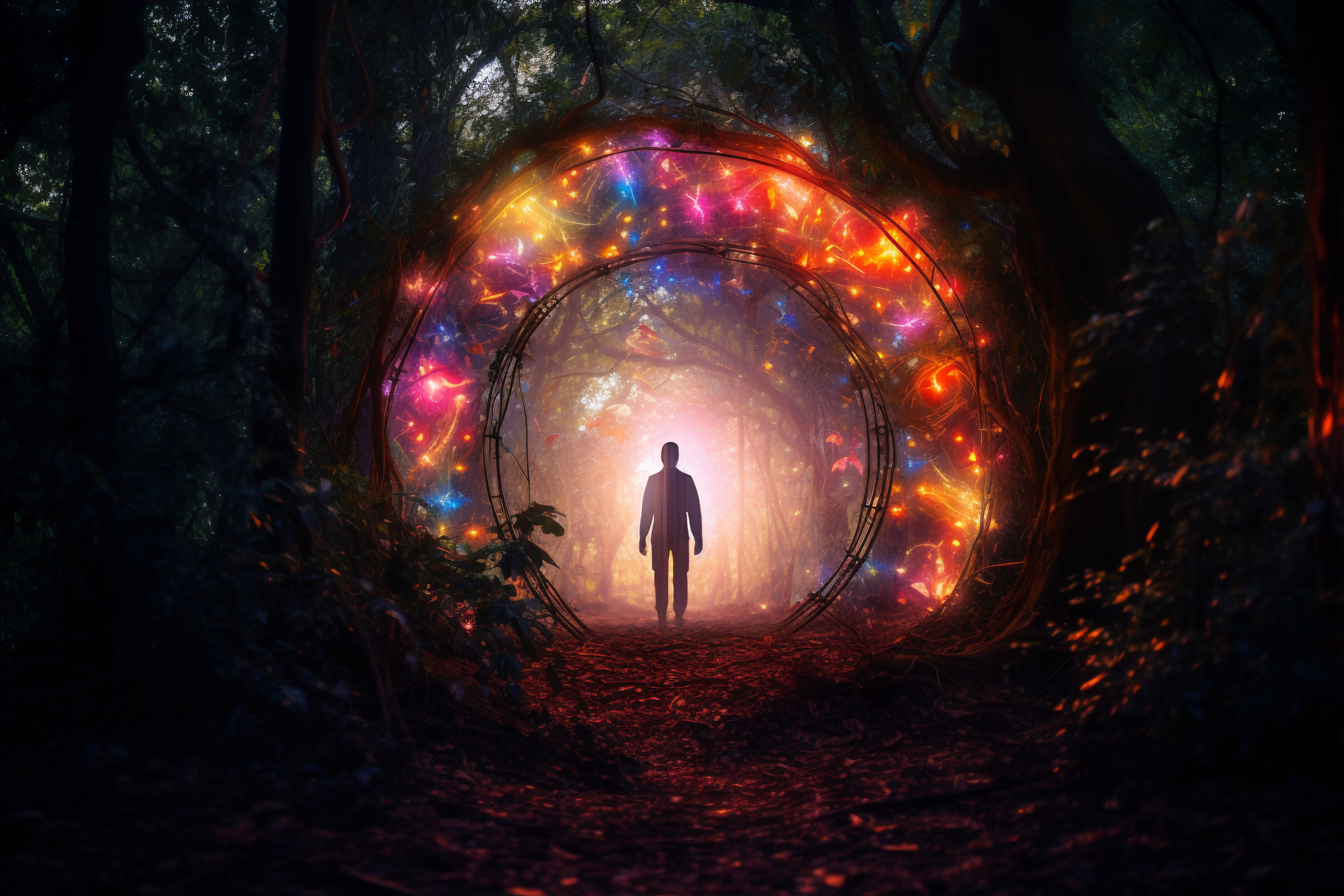 Ilustrație cu silueta unui bărbat care trece printr-un portal magic, în timp ce se plimbă prin pădure