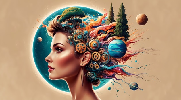 Ilustrație profil de femeie care are în minte o mulțime de lucruri