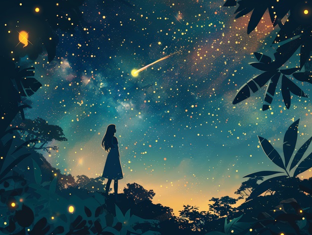 Ilustrație siluetă feminină care privește ploaia de stele dintr-o pădure