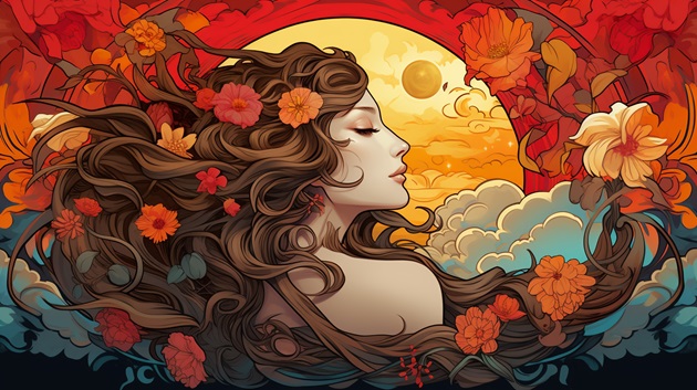 Ilustrație de toamnă, în nuanțe de maro, galben și portocaliu, cu o femeie care are flori în păr