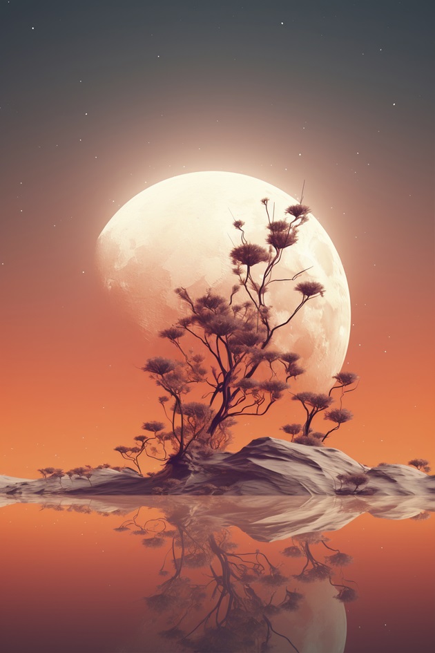 Ilustrație cu luna care se reflectă într-un lac, în timp ce a apărut pe un cer portocaliu