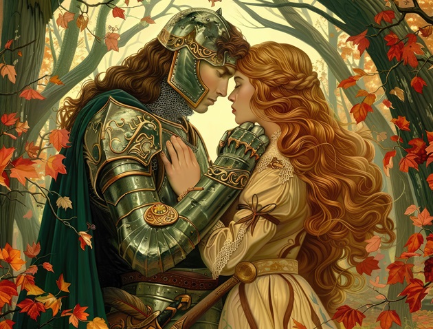 Ilustrație îndrăgostiți, prințesă și cavaler, care se sărută în pădure, sub copacii cu frunze aurii