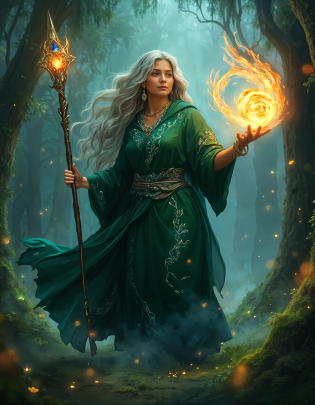 Ilustrație femeie blondă cu păr lung și puteri paranormale, care face magie în pădure