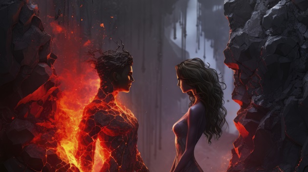 Ilustrație bărbat cu trupul în flăcări care stă față în față cu o femeie care îl privește în ochi