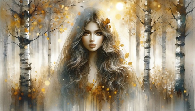 Ilustrație fată blondă care stă în pădure printre copacii dezgoliți și frunzele care cad