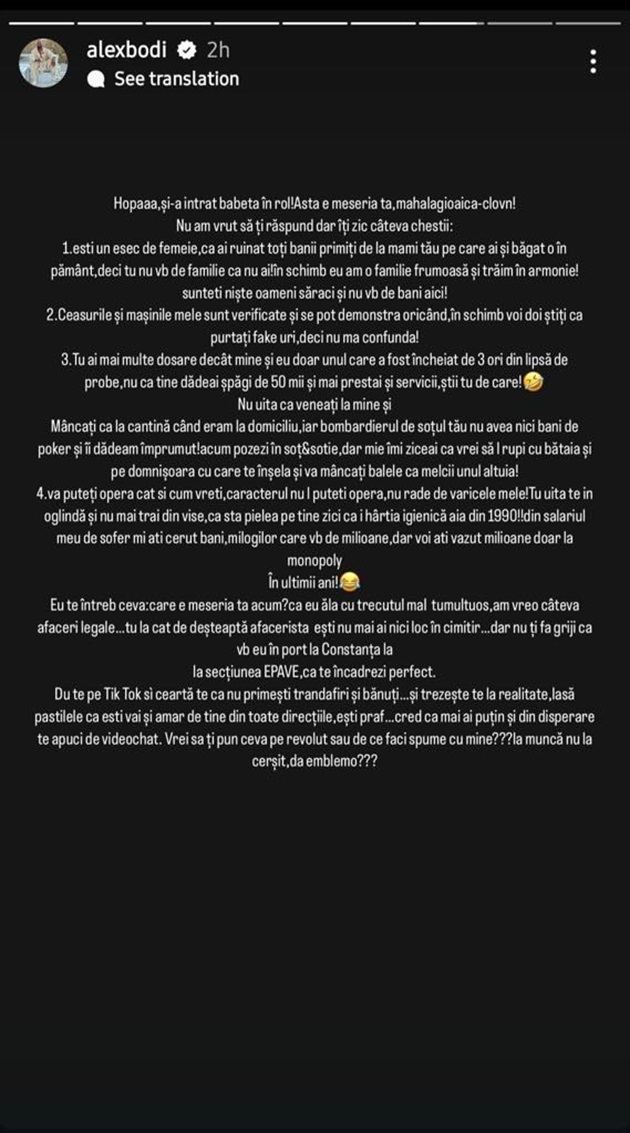Captură cu mesajul transmis de Alex Body pe Instagram pentru Oana Zăvoranu