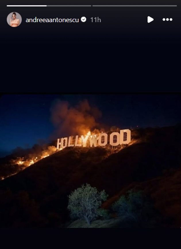 Sigla Hollywood-ului cuprinsă de flăcări, în timpul incendiilor de vegetație din Los Angeles